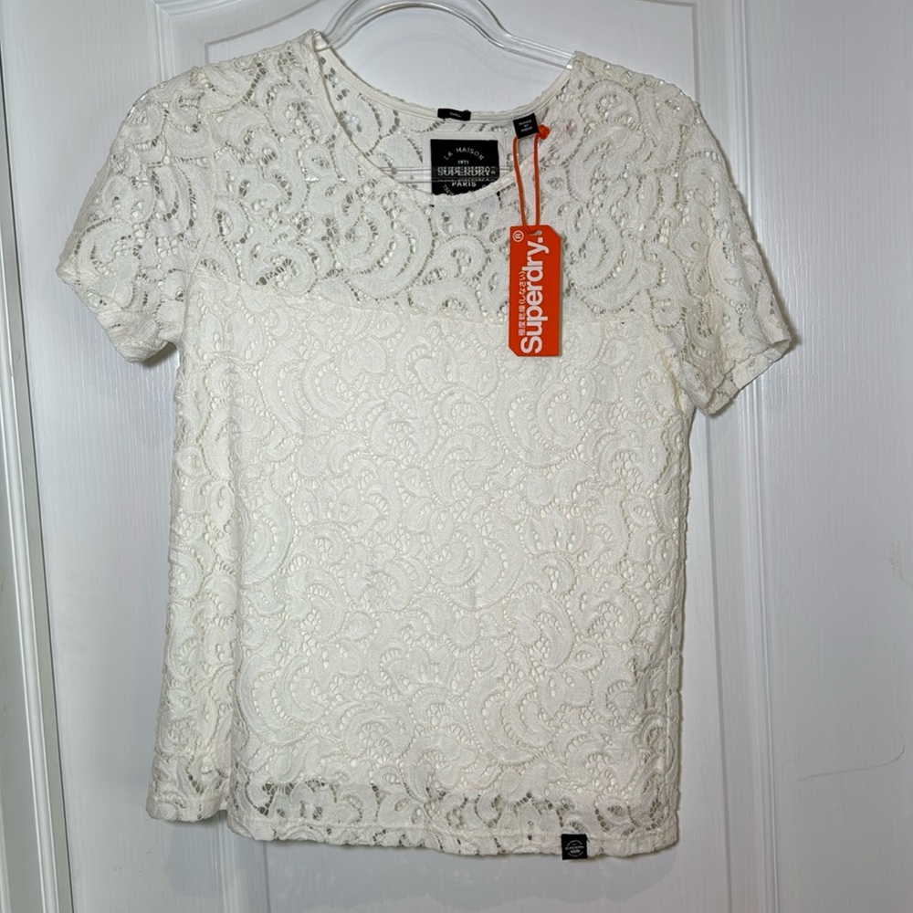 Superdry Women's Cream Lace Style Short Sleeve Top